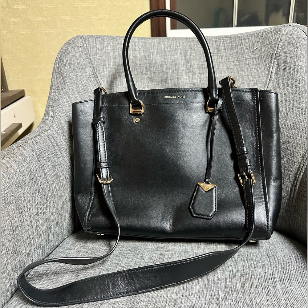 Michael Kors Black Leather Satchel Shoulder Bag Crossbody Purse Benning New